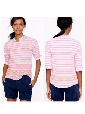 J. Crew | Pink Striped Tribal Embroidery Short Sleeve Blouse | Size Small